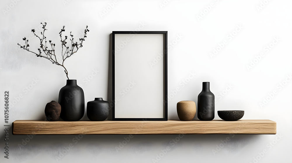 minimalist room with a wooden shelf and framed picture minimalist room with a wooden shelf and framed picture