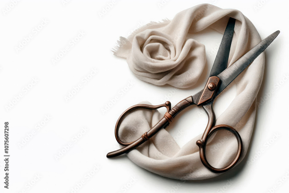 Fototapeta premium Vintage scissors lying on fabric. Space for text.
