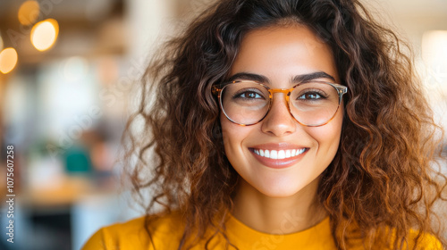 Smiling woman with curly hair wearing eyeglasses.