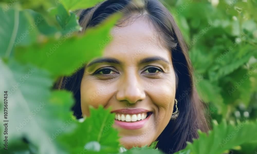 Portrait of a Smiling Woman Surrounded by Green Foliage
Portrait of a Smiling Woman Surrounded by Green Foliage