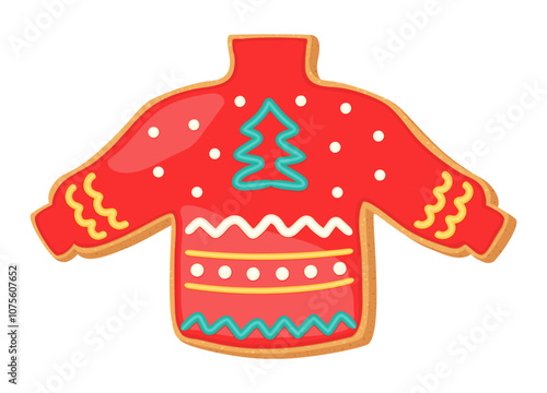 Christmas sweater gingerbread sugar cookie. Cute cartoon vector illustration home shortbread. Ugly sweater red sugar icing. Shortcrust pastry bakery. Winter holiday sweet gingerbread shortcake.