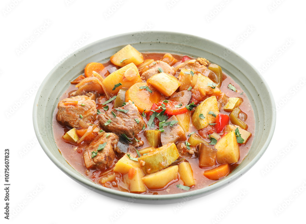 Delicious stew with vegetables in bowl isolated on white Delicious stew with vegetables in bowl isolated on white