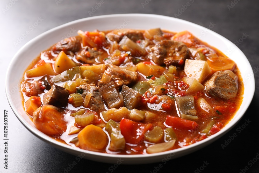 Delicious stew with vegetables in bowl on table, closeup Delicious stew with vegetables in bowl on table, closeup