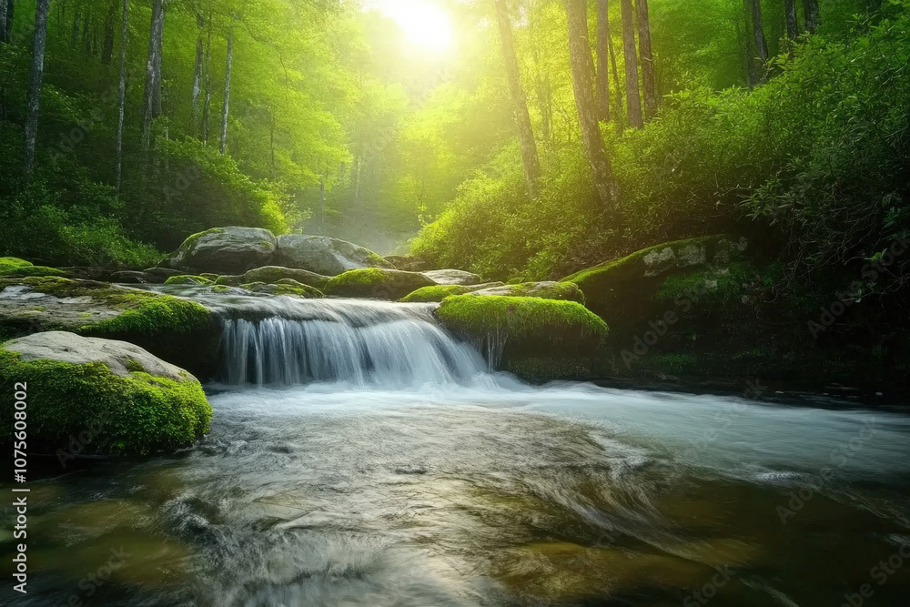 Obraz premium Cascading Waterfall in Lush Green Forest