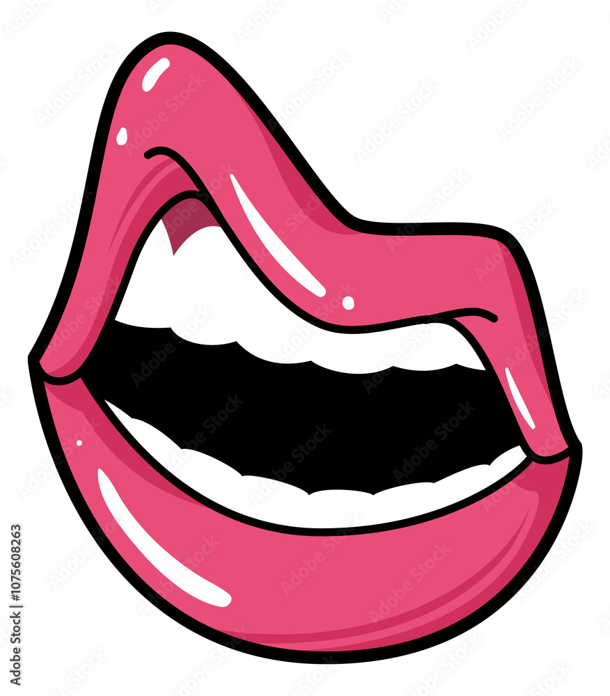 A cartoonish pink mouth with a smile and teeth showing