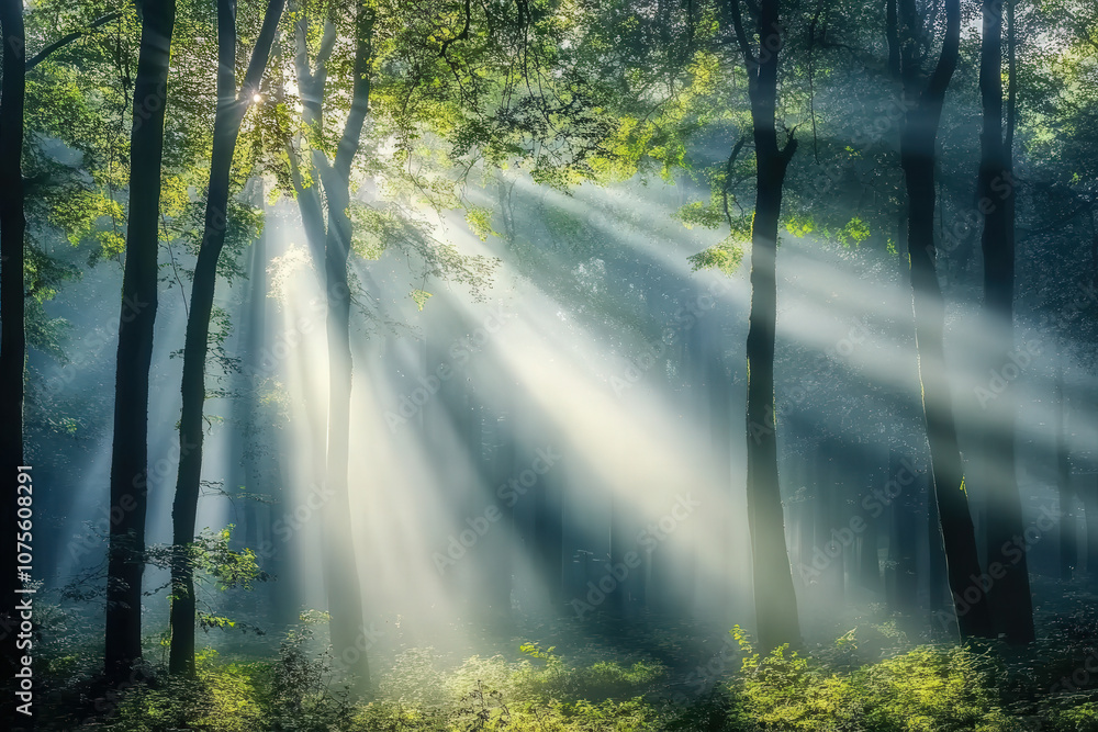 Fototapeta premium Misty Forest with Sun Rays