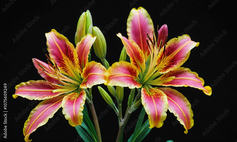 Two lilies, with pink and yellow petals, bloom against a dark background Two lilies, with pink and yellow petals, bloom against a dark background