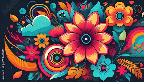  A colorful vector design featuring vibrant flowers, cartoonish elements, and a mix of retro_1(127)
