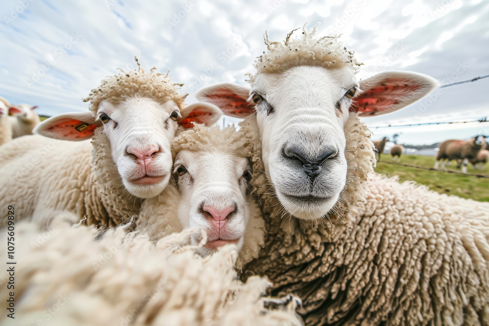 Obraz premium Three sheep are huddled together, with one of them looking at the camera. The sheep are all white and appear to be enjoying each other's company. The scene is peaceful and heartwarming
