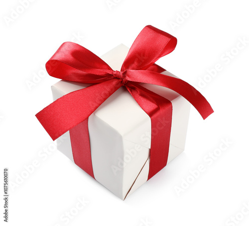 Beautiful gift box with red bow isolated on white