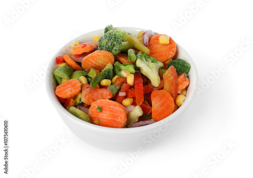 Mix of frozen vegetables in bowl isolated on white