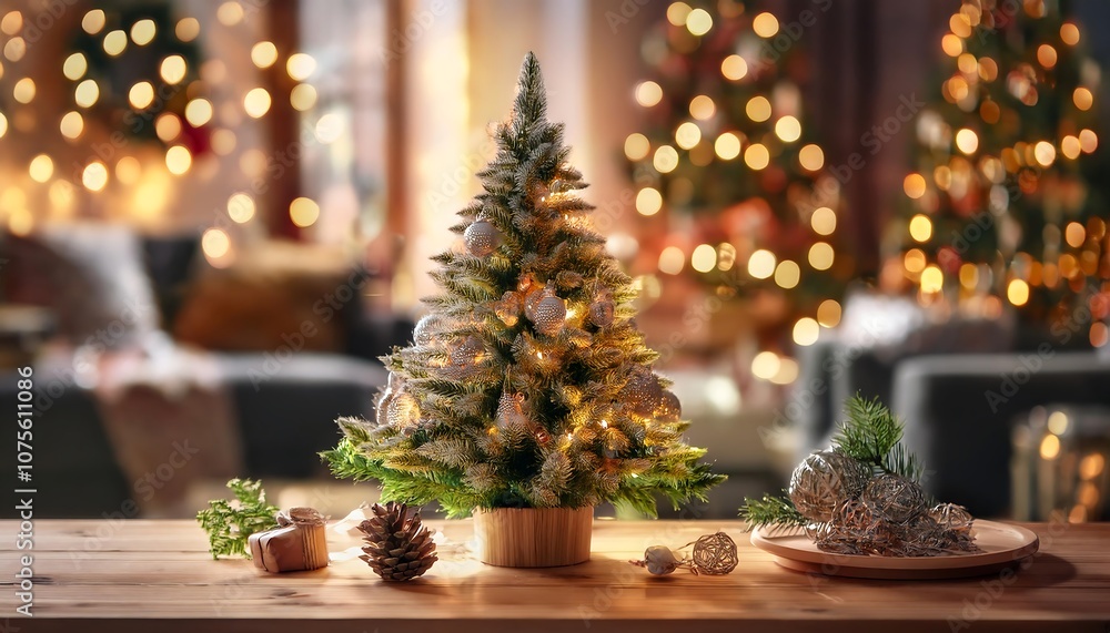 A beautifully decorated Christmas tree sits atop a wooden table amidst a blurred holiday sc_1(26) A beautifully decorated Christmas tree sits atop a wooden table amidst a blurred holiday sc_1(26)