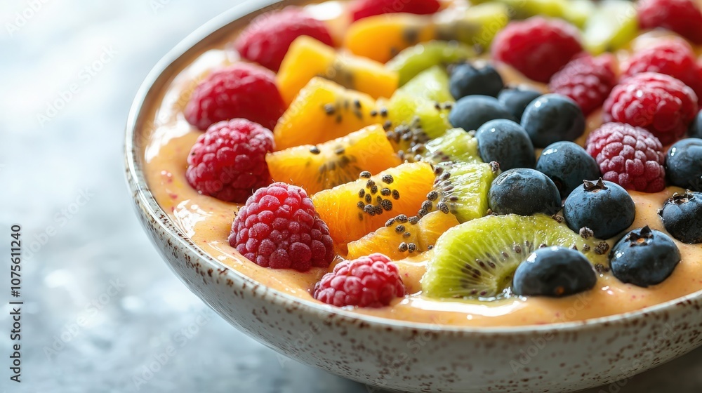 Fresh fruit bowl with berries, kiwi, and melon served in a textured ceramic dish Fresh fruit bowl with berries, kiwi, and melon served in a textured ceramic dish