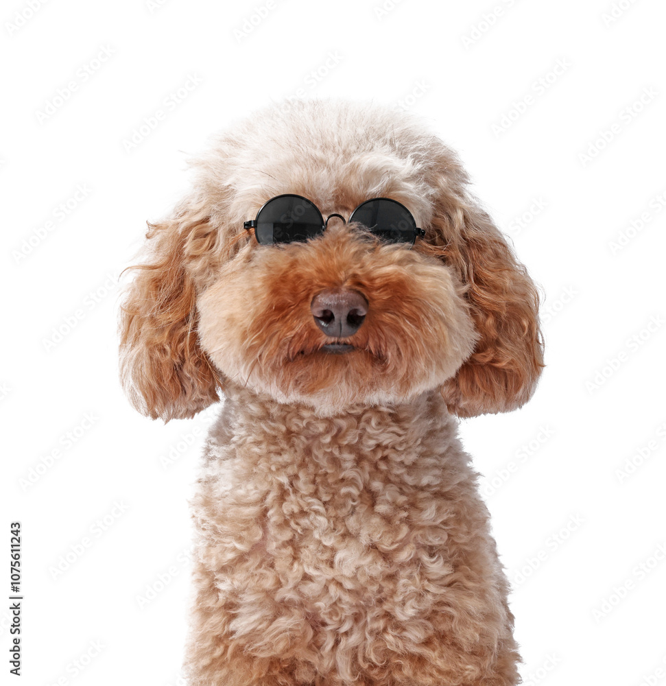 Cute Toy Poodle dog in sunglasses on white background Cute Toy Poodle dog in sunglasses on white background