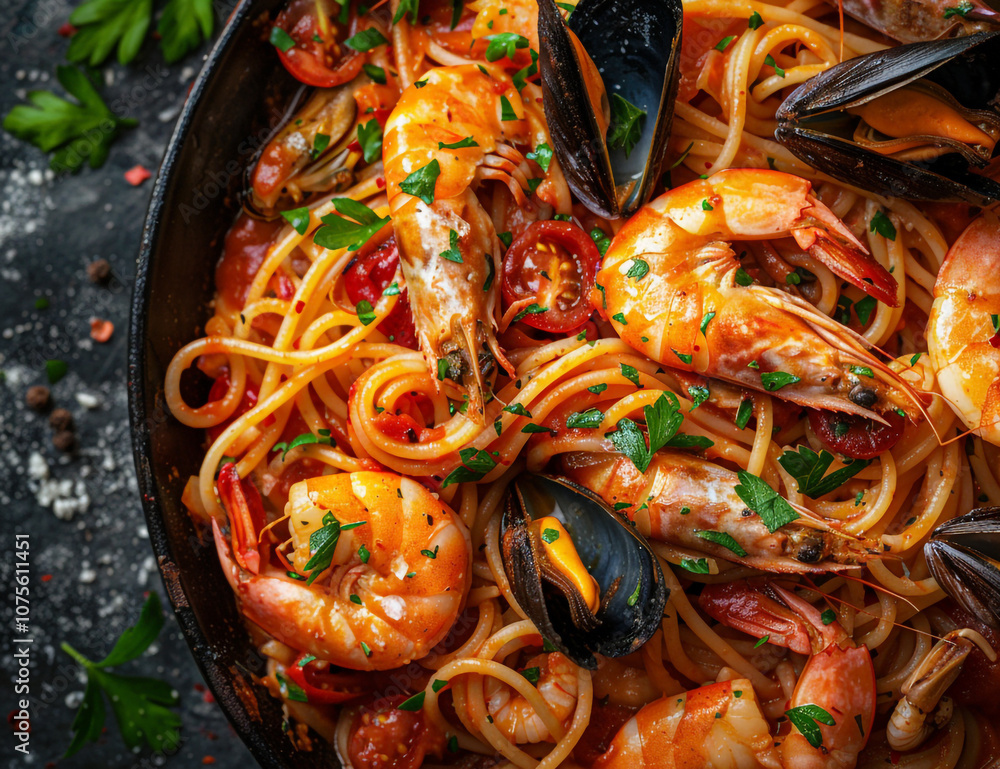 Delicious Seafood Pasta Close-Up Delicious Seafood Pasta Close-Up