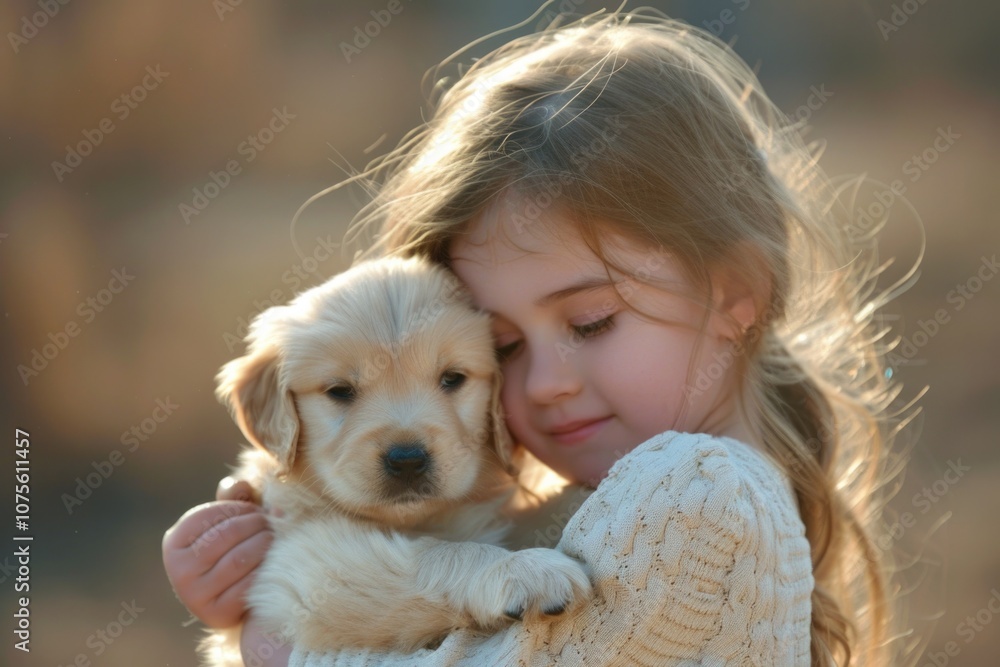 Girl And Puppy. Young Girl Holding a Cute Golden Retriever Dog in Her Hand Girl And Puppy. Young Girl Holding a Cute Golden Retriever Dog in Her Hand