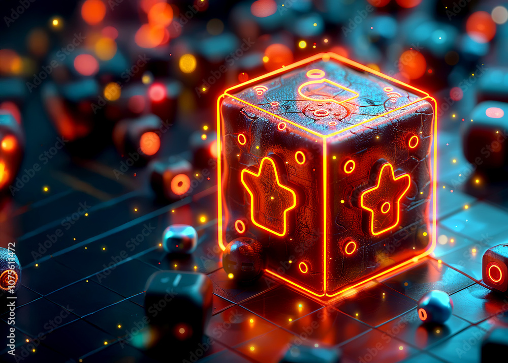 Obraz premium A glowing cube surrounded by colorful orbs in a vibrant, digital landscape at dusk