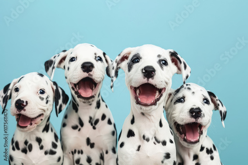 Four puppies are sitting on a blue background. They are all black and white. The puppies are cute and adorable