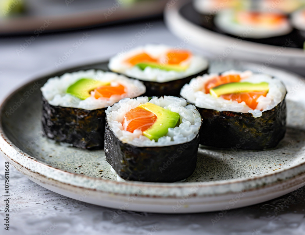 Fresh Sushi Plate with Avocado and Crab Rolls on a Gray Stone Background Fresh Sushi Plate with Avocado and Crab Rolls on a Gray Stone Background