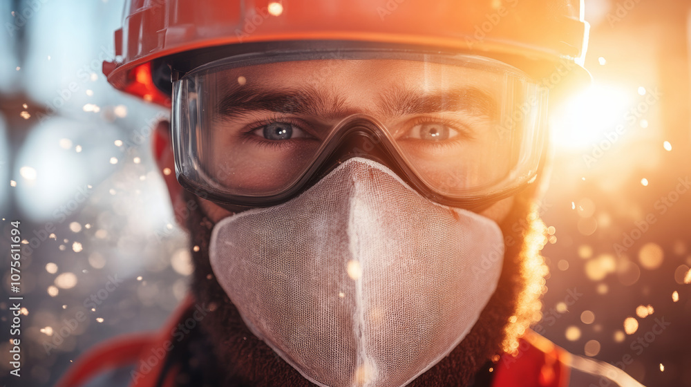 Close-up of a construction worker's face wearing a safety mask and goggles. Close-up of a construction worker's face wearing a safety mask and goggles.