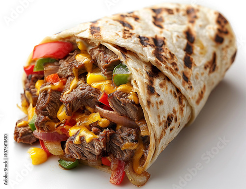 Delicious Steak Burrito with Grilled Vegetables Close-up photo