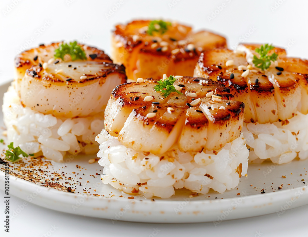 Delicious Sushi Plate with Scallops and Rice on a White Background Delicious Sushi Plate with Scallops and Rice on a White Background