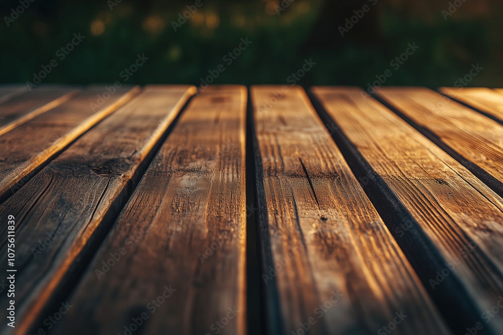 Natural sunlight illuminating polished wooden planks on a table in a serene outdoor setting during late afternoon. Generative AI Natural sunlight illuminating polished wooden planks on a table in a serene outdoor setting during late afternoon. Generative AI