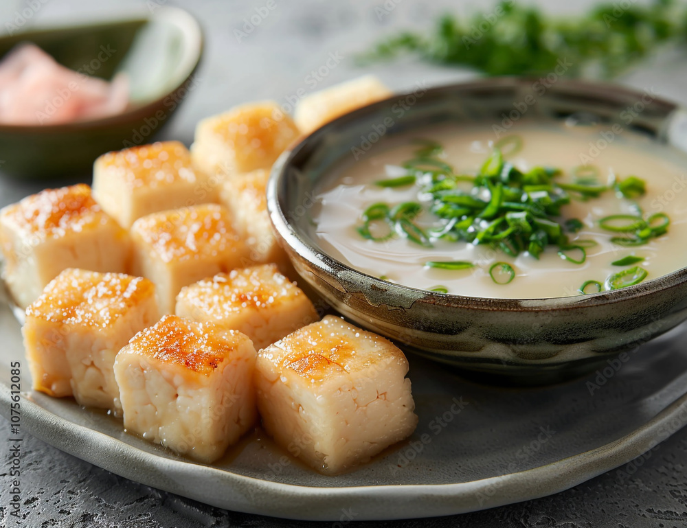 Delicious Sushi Plate with Tofu Rolls and Miso Soup on a Gray Table