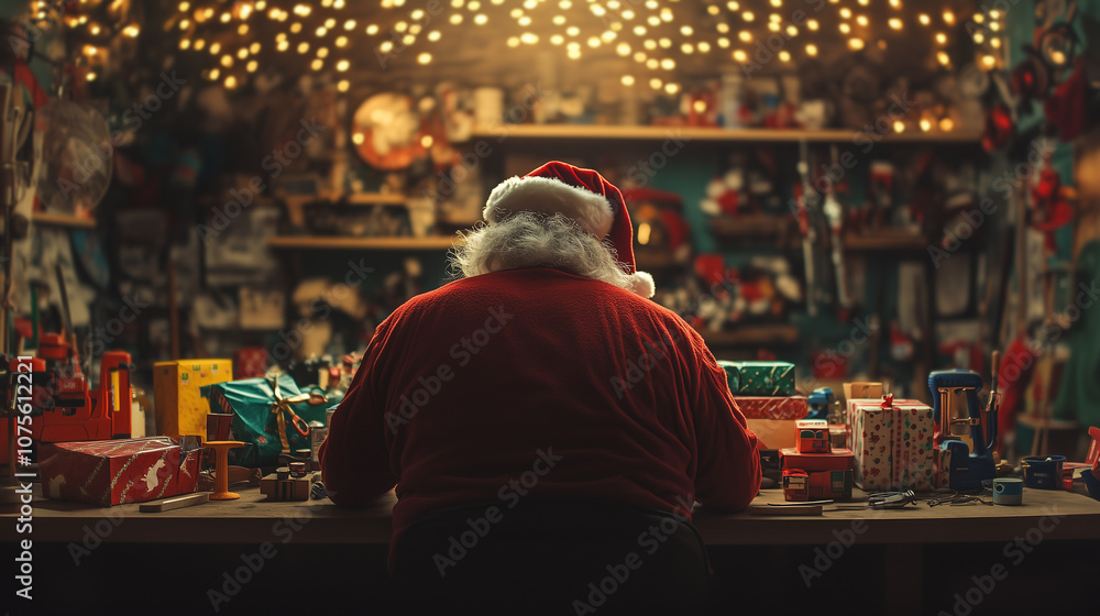 Santa Claus works late in his workshop, crafting and wrapping Christmas gifts under warm holiday lights. A cozy glimpse into Santa's holiday preparations. Image made using Generative AI. Santa Claus works late in his workshop, crafting and wrapping Christmas gifts under warm holiday lights. A cozy glimpse into Santa's holiday preparations. Image made using Generative AI.