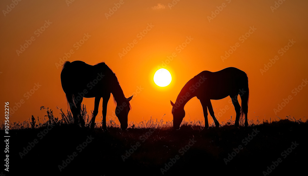Two horses are grazing in a field at sunset. The sun is setting in the background, casting a warm glow over the scene. The horses are standing close to each other, enjoying the peaceful moment Two horses are grazing in a field at sunset. The sun is setting in the background, casting a warm glow over the scene. The horses are standing close to each other, enjoying the peaceful moment