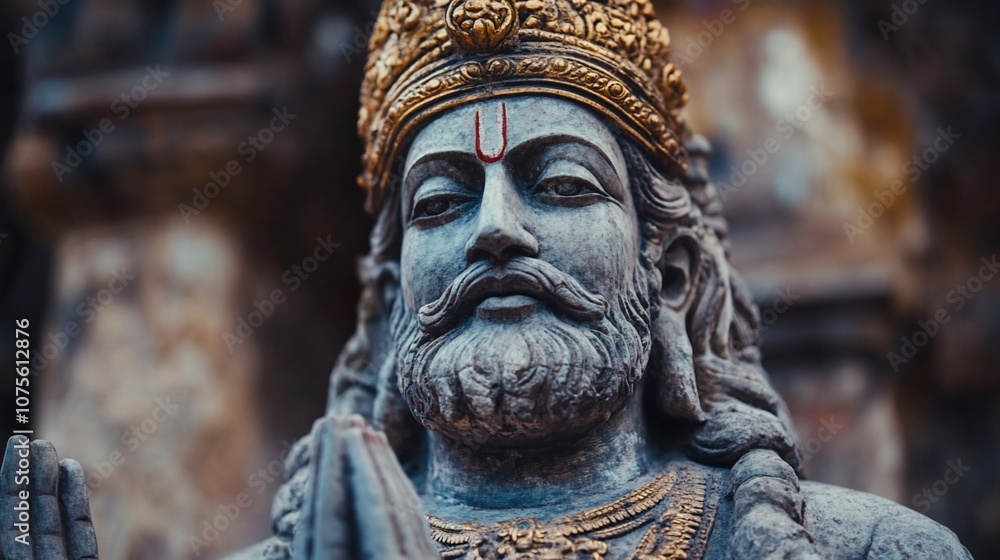 Close-up of a stone statue of a Hindu deity with a crown, a beard, and a red mark on his forehead. Close-up of a stone statue of a Hindu deity with a crown, a beard, and a red mark on his forehead.