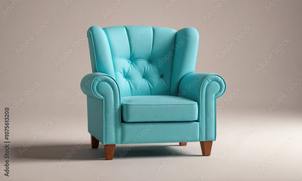A blue armchair sits in a studio setting, perfect for relaxing after a long day