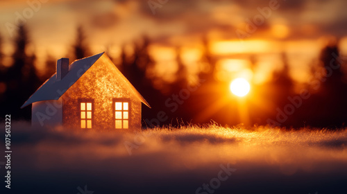 A miniature house glows in the sunset, symbolizing warmth and home.