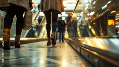 Multiple people walking towards the escalators that lead to the train platform.