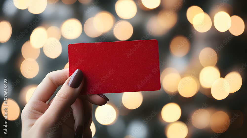 A beautifully wrapped red gift card held against a bokeh background of shimmering holiday lights A beautifully wrapped red gift card held against a bokeh background of shimmering holiday lights