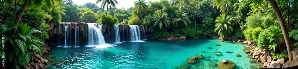 Fototapeta premium 360 degree photo, Tropical Waterfall and Lagoon, A 360-degree image