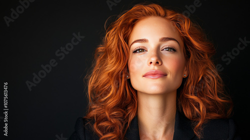 A young woman with long, flowing red hair looks confidently at the camera.