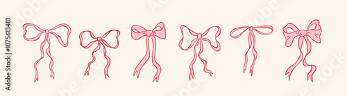 Set of hand drawn various ribbons and bows. Minimalist drawing sketch. Vintage vector illustration ink doodle style. Perfect for poster, greeting cards, wedding invitations, branding, logo, tattoo.