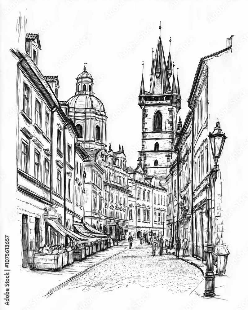 Obraz premium Prague Old Town, Czech Republic. Pedestrian street in the old european city with tower on the background. Historic city street. Pencil drawn, sketch