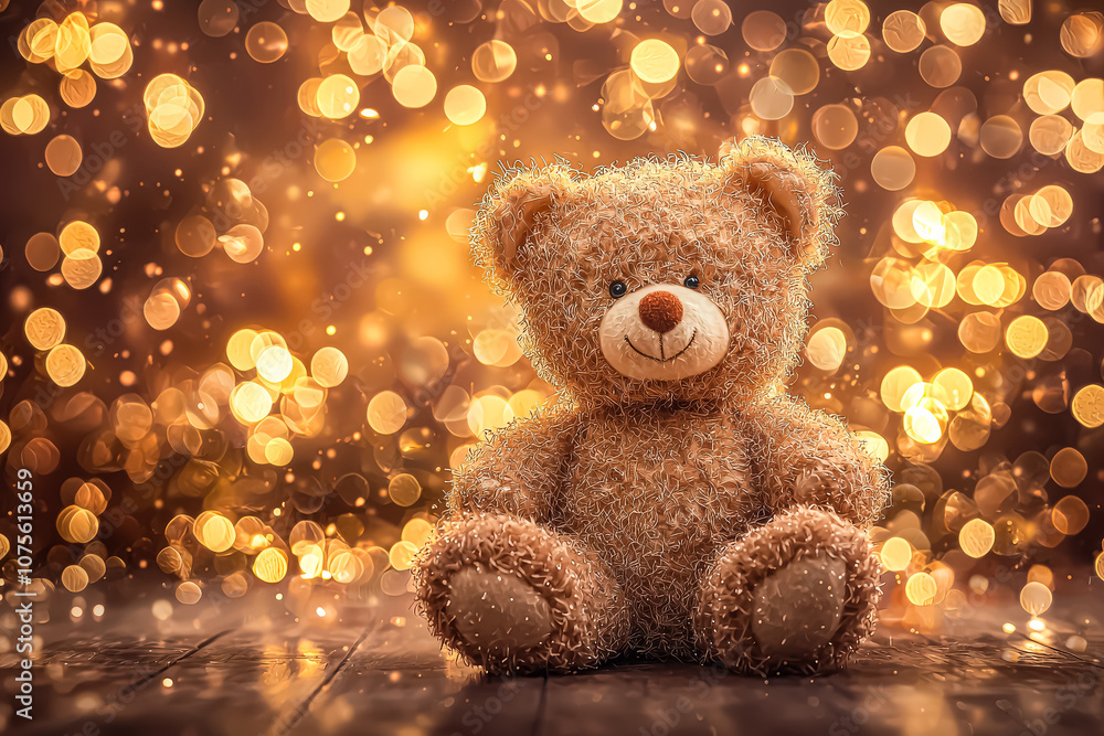 Teddy bear is sitting on a chair. The chair is brown and has a floral pattern. The bear is smiling and he is happy Teddy bear is sitting on a chair. The chair is brown and has a floral pattern. The bear is smiling and he is happy