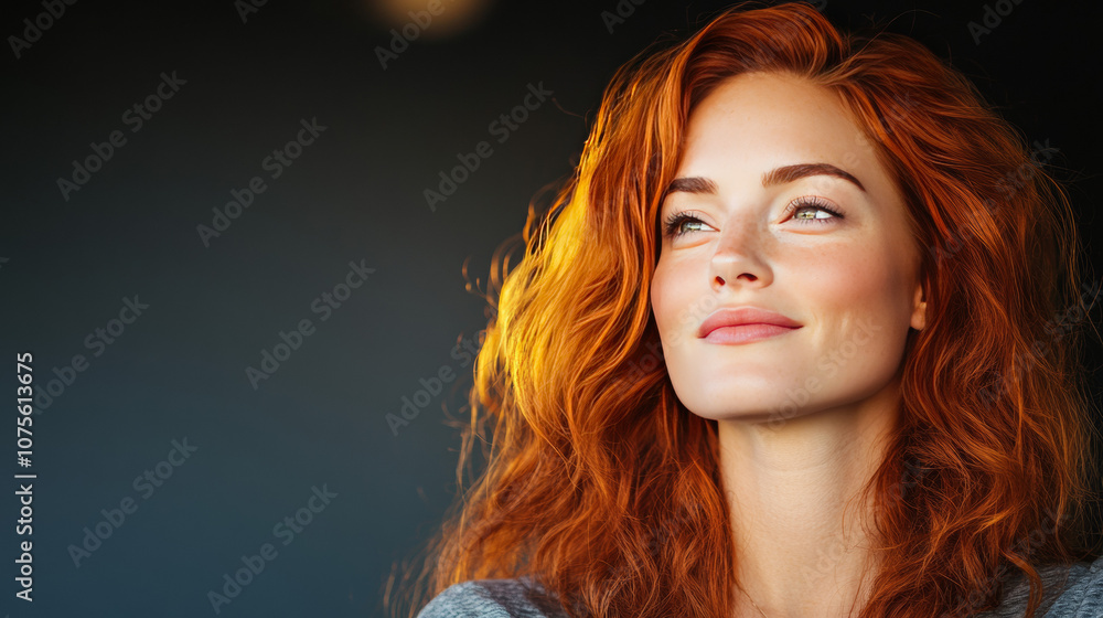 Young woman with long, curly red hair looking up with a thoughtful expression. Young woman with long, curly red hair looking up with a thoughtful expression.