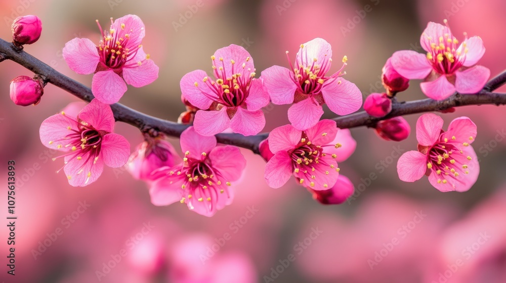 Delicate pink blossoms on a branch, with a blurred background of more flowers. Delicate pink blossoms on a branch, with a blurred background of more flowers.