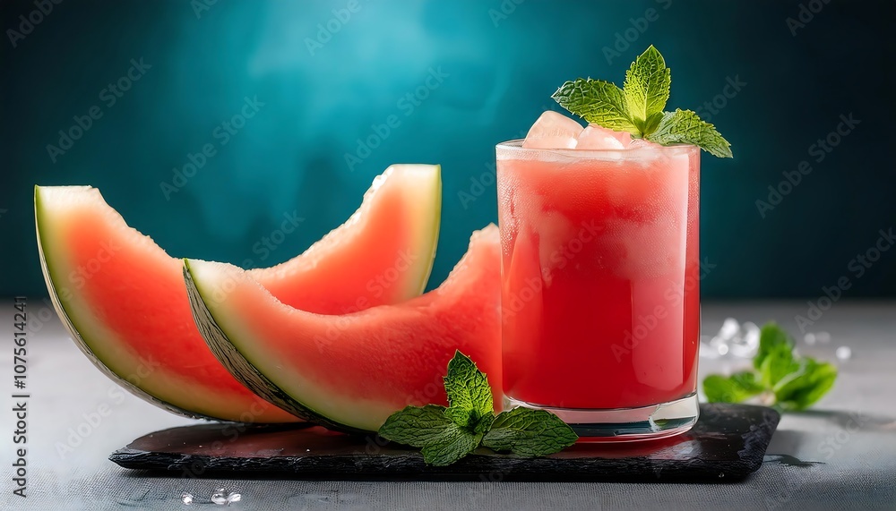 Watermelon juice is served chilled in a glass with a refreshing slice of melon and some spr_1(1920) Watermelon juice is served chilled in a glass with a refreshing slice of melon and some spr_1(1920)