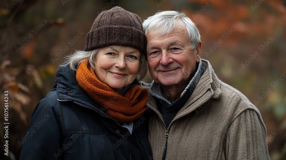 Portrait of a smiling senior couple standing close together in a park with fall foliage in the background. Portrait of a smiling senior couple standing close together in a park with fall foliage in the background.