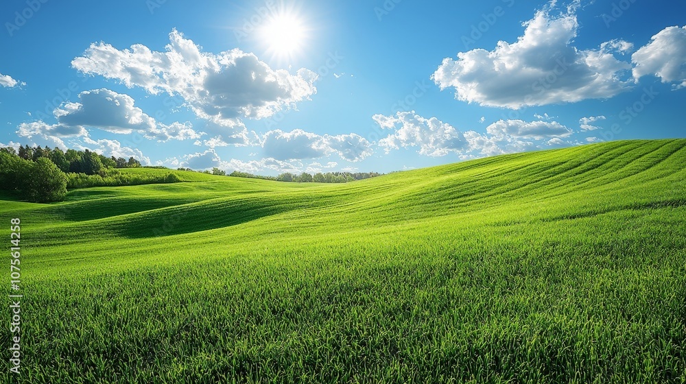 A vibrant landscape featuring rolling green hills under a bright blue sky with fluffy clouds. A vibrant landscape featuring rolling green hills under a bright blue sky with fluffy clouds.