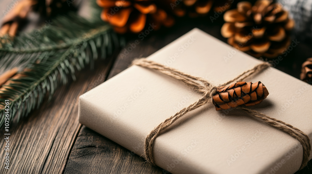 A rustic gift box tied with twine and adorned with a pine cone. A rustic gift box tied with twine and adorned with a pine cone.