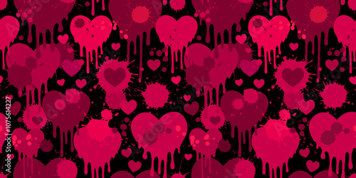 Red liquid dripping hearts. Vector seamless pattern