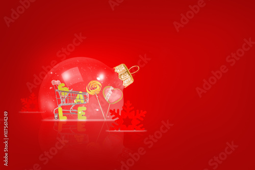 A Christmas card. Transparent Christmas ball on a red background. Sale