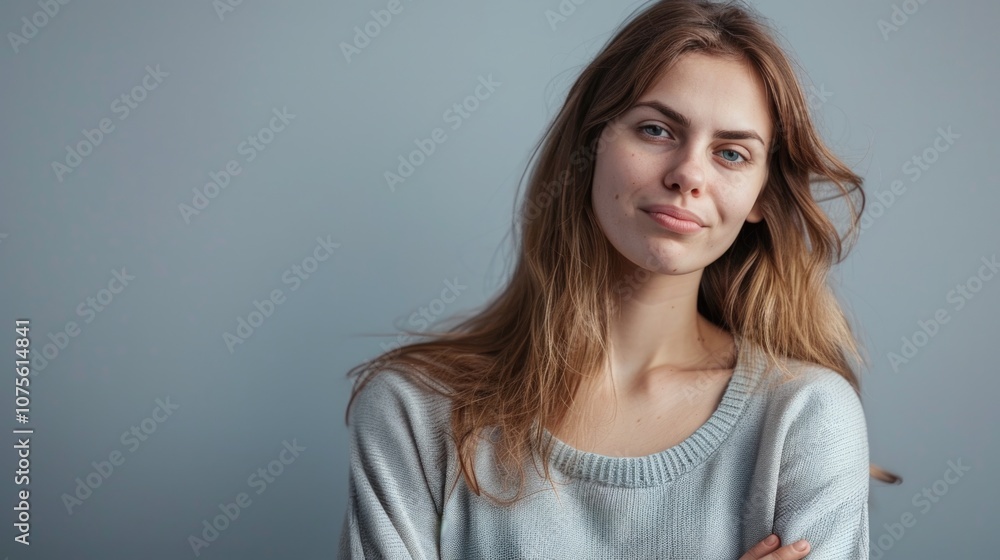Mean Person. Young Caucasian Woman in Casual Attire Looking Happy on Gray Background Mean Person. Young Caucasian Woman in Casual Attire Looking Happy on Gray Background