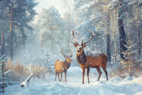 Merry Christmas Deer. Noble Cervid Pair in Winter Snow Forest Scene